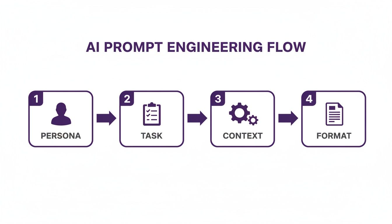 A flowchart illustrates the AI prompt engineering flow, showing steps: Persona, Task, Context, and Format.