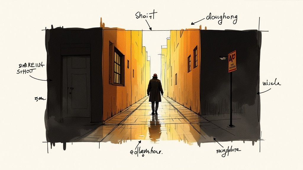 Ilustración hecha a mano de una figura solitaria caminando por un callejón estrecho de la ciudad iluminado por el sol.