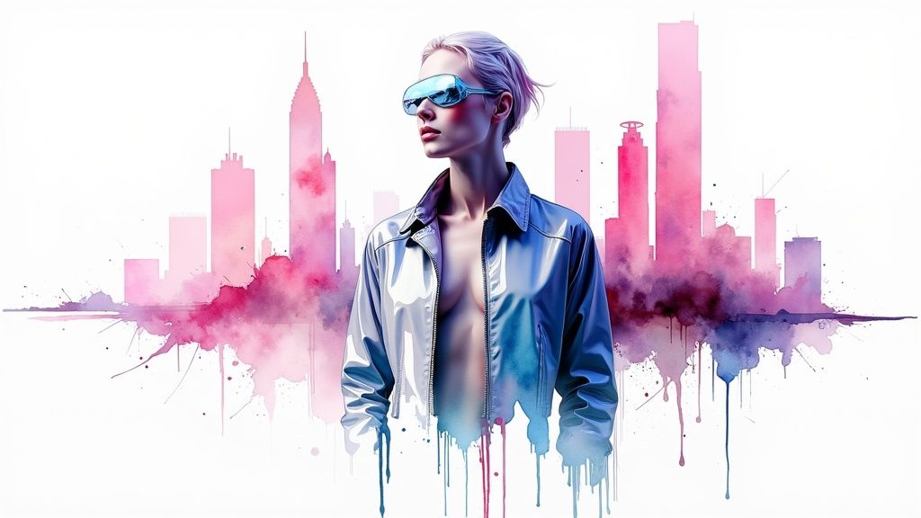 A stylish woman with short, light hair and futuristic glasses against a watercolor city skyline.