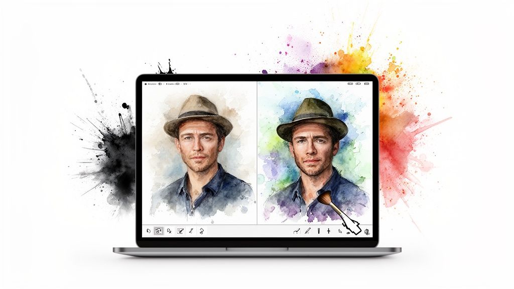 A laptop shows a man's watercolor portrait, transforming from muted to vibrant AI art with a paintbrush cursor.