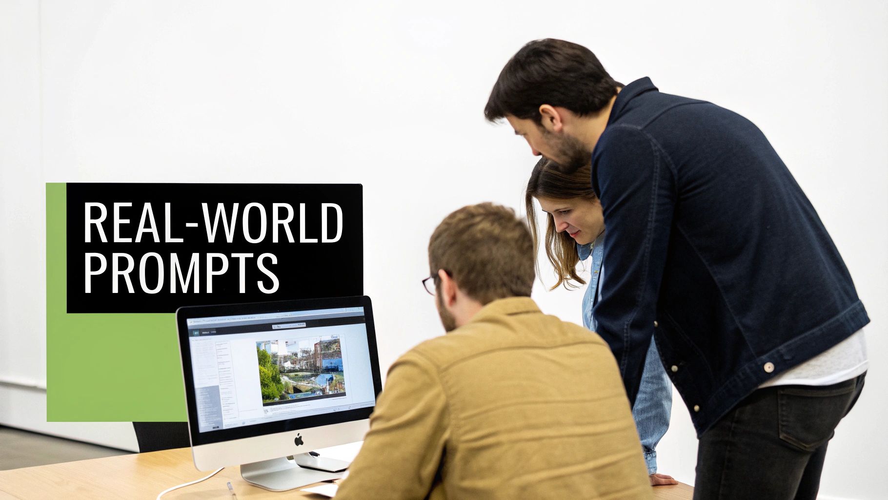Tre persone osservano con attenzione uno schermo del computer che mostra un'immagine, accanto a un cartello con scritto 'REAL-WORLD PROMPTS'.