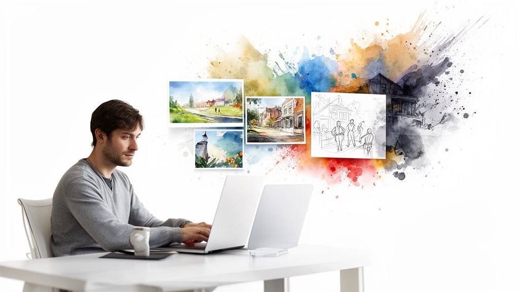 A man works on a laptop, surrounded by vibrant watercolor paintings and artistic sketches.