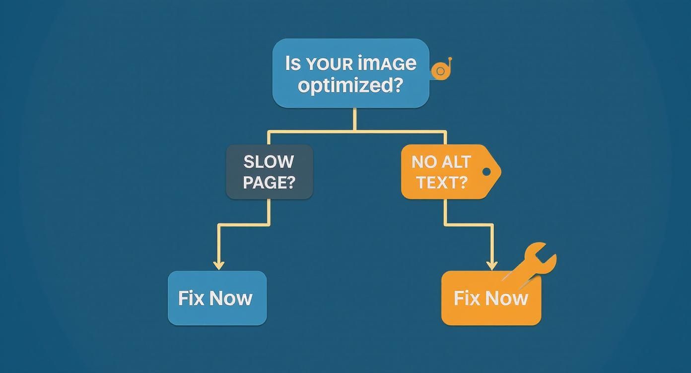 Flowchart showing image optimization decision tree with slow page and no alt text issues leading to fix now solutions