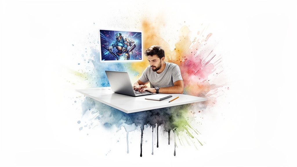 A man works on a laptop at a desk with vibrant watercolor splashes, displaying AI art above.
