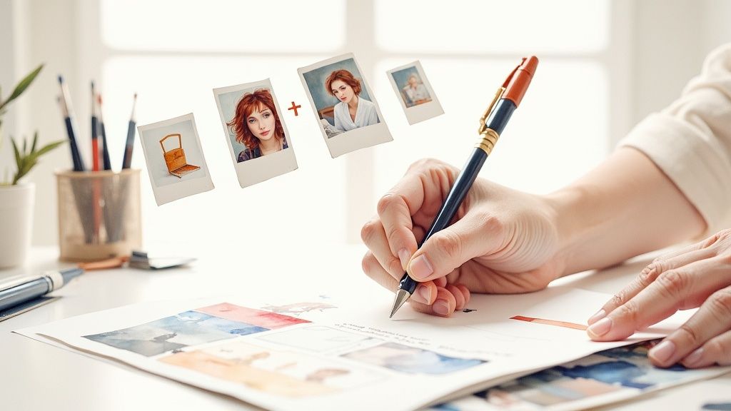 Creative workspace with hands writing on paper, multiple floating polaroid photos, and art supplies.