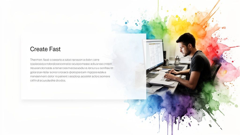Man working on a computer at a desk, surrounded by vibrant rainbow watercolor splashes.
