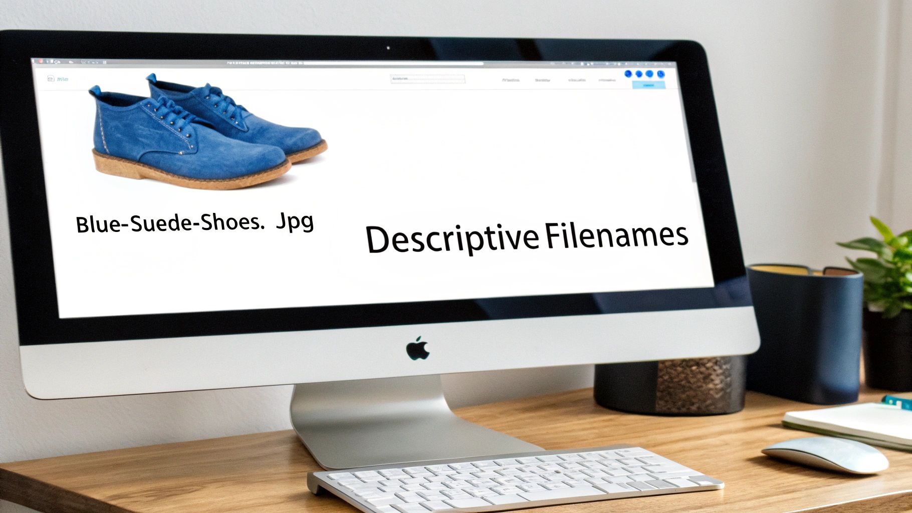 Computer screen displaying blue suede shoes image with descriptive filename example for SEO optimization