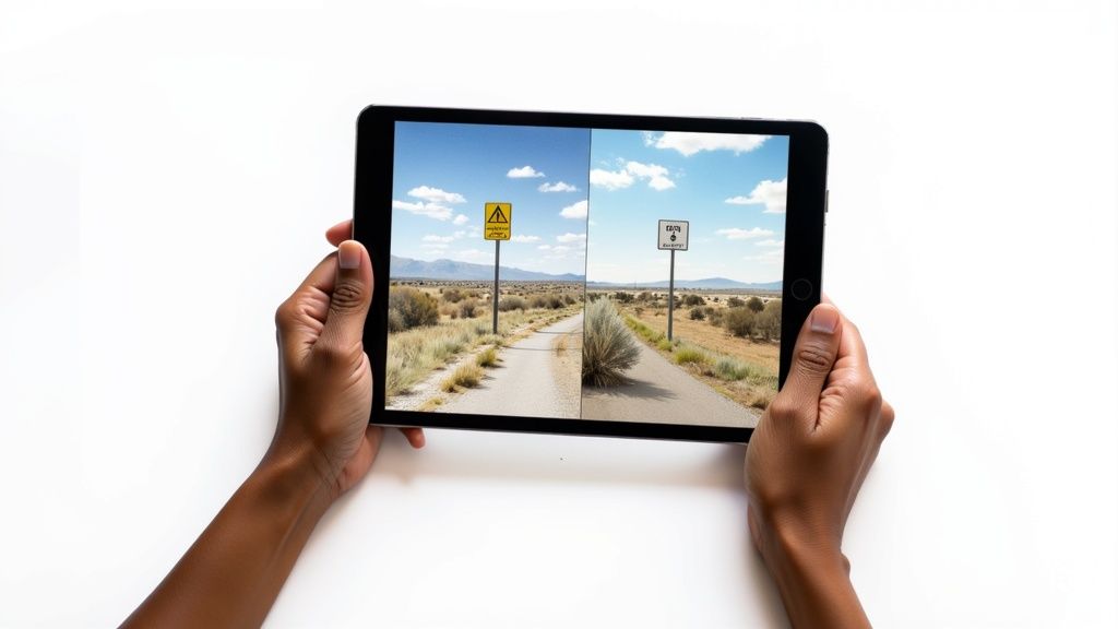 Dark-skinned hands hold a tablet displaying a split desert road with two distinct warning signs.