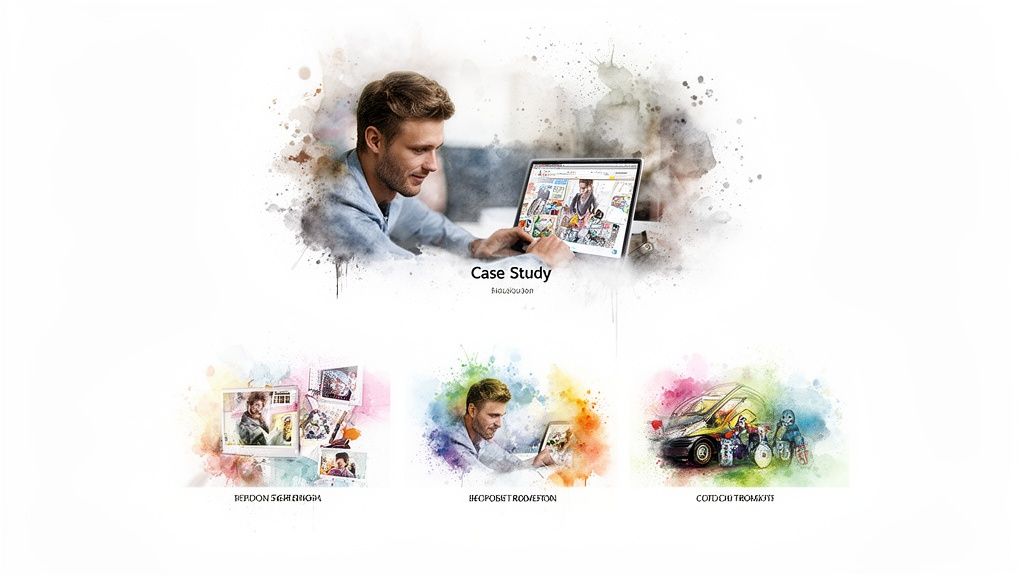 A man views a case study on a laptop, surrounded by artistic watercolor illustrations.