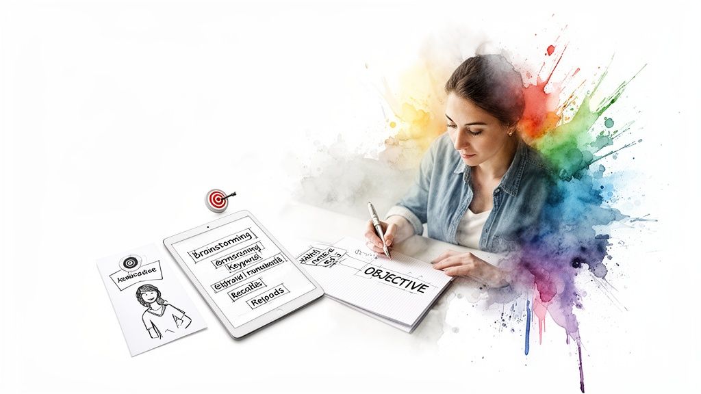 A young woman actively brainstorming ideas and writing down objectives surrounded by colorful watercolor splashes.