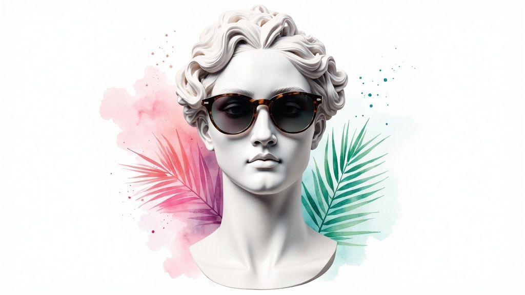 Stylish classical bust wearing modern sunglasses amidst vibrant watercolor palm leaves and paint splashes.