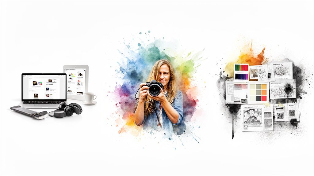 A creative professional's workspace: a photographer, digital devices, and artistic design documents.