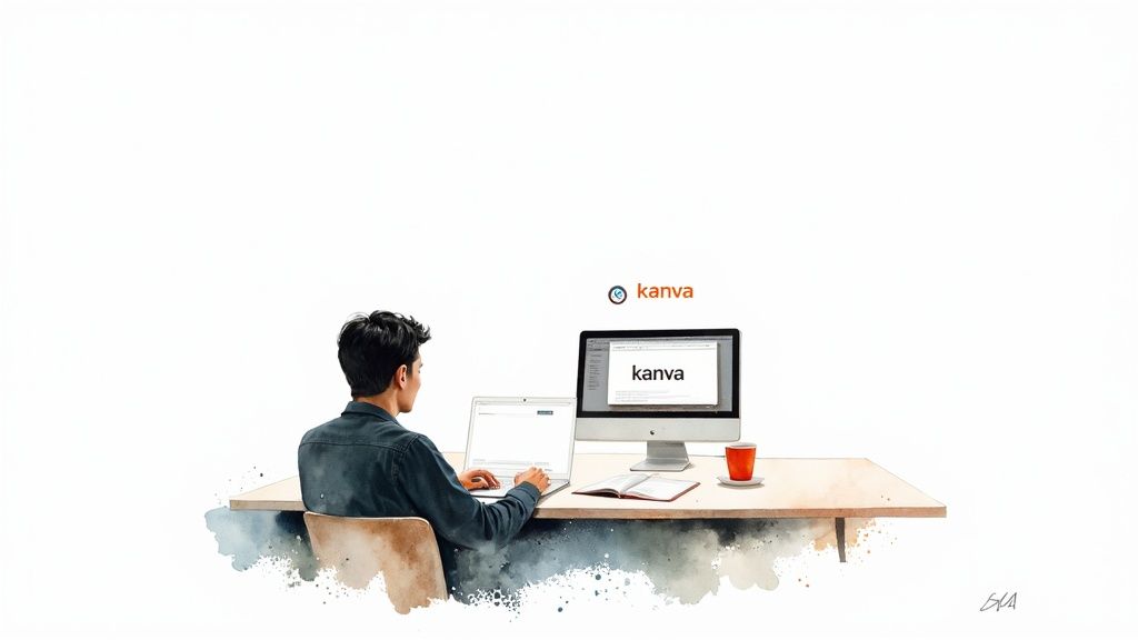A person works on a laptop and desktop with 'kanva' displayed, a red cup, and notebook on a desk.