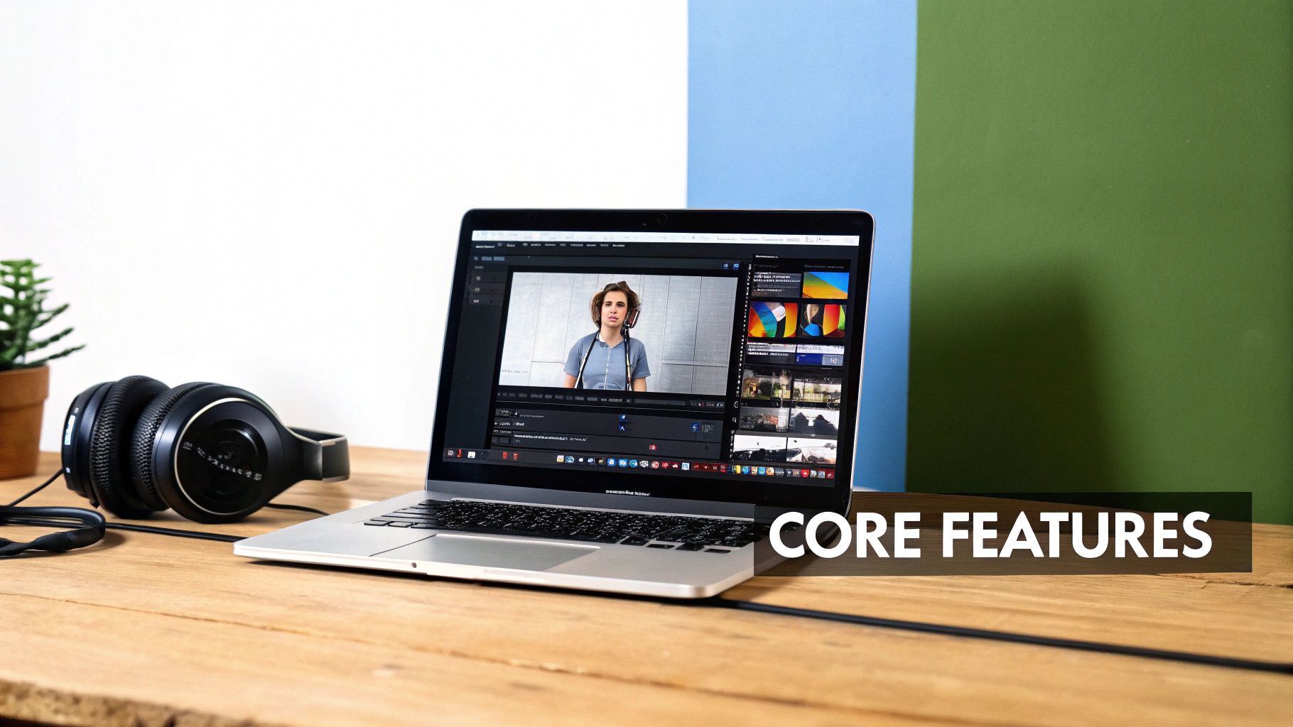 Laptop displaying video editing software with a woman's video, headphones, and plant on a wooden desk.