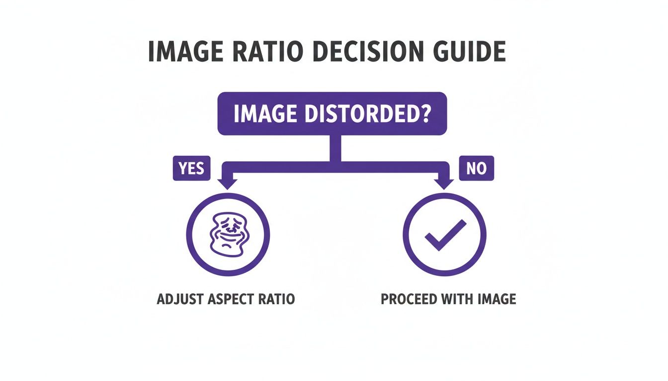 Flowchart guiding image ratio decisions: distorted images need aspect ratio adjustment, others can proceed.