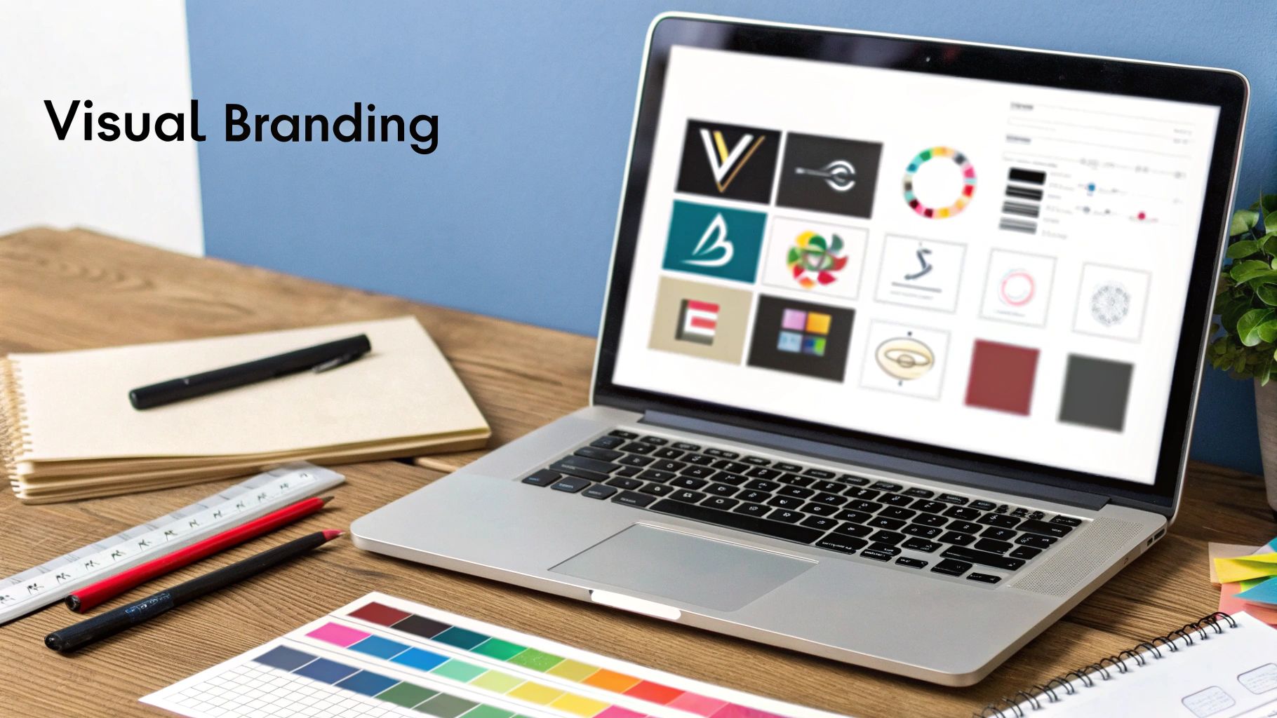 A collage showcasing consistent visual branding elements like logo, color palette, typography, and imagery across different platforms like a website, business card, and social media post.