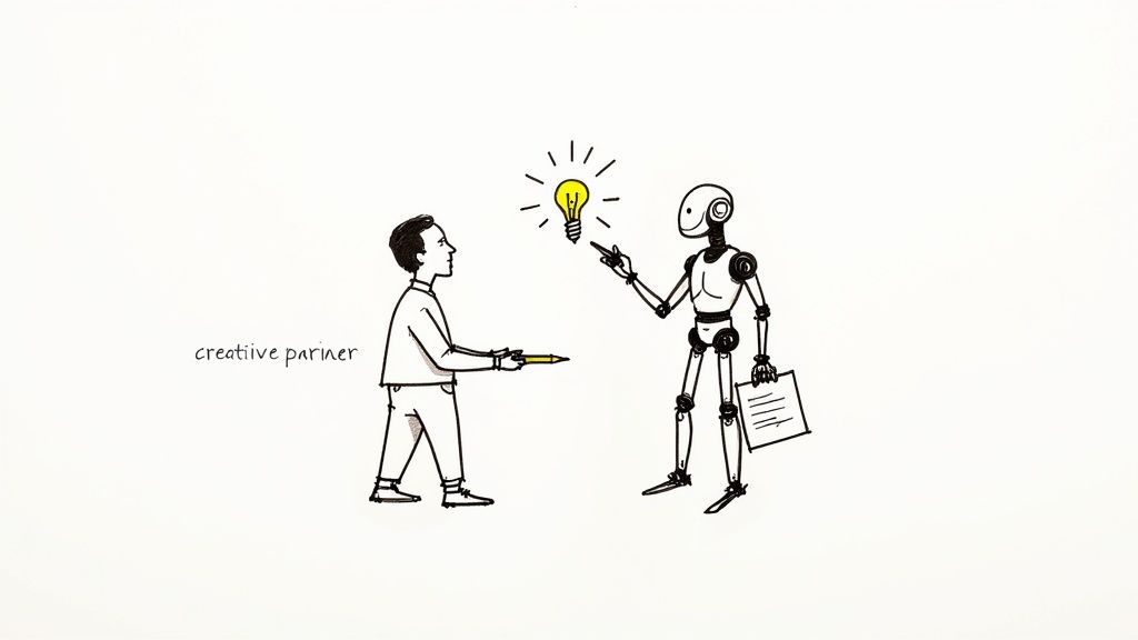 A hand-drawn illustration showing a human and a robot collaborating on an idea, with a lightbulb above.