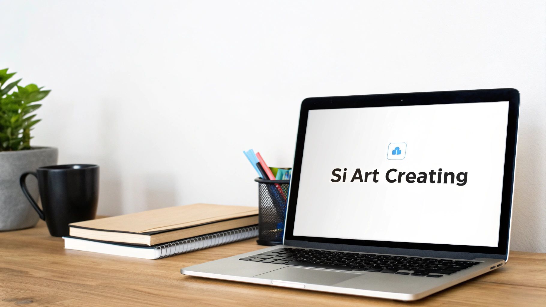 A laptop on a wooden desk displaying 'Si Art Creating' with a plant, mug, and notebooks.