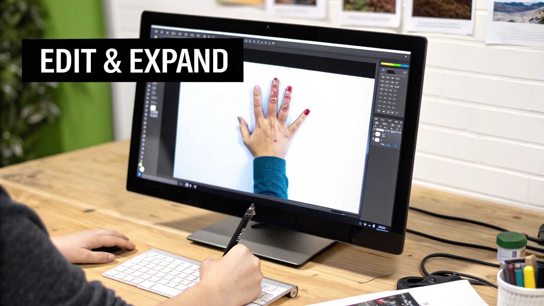 Person editing photo of hand with pink nail polish on computer screen using graphics tablet