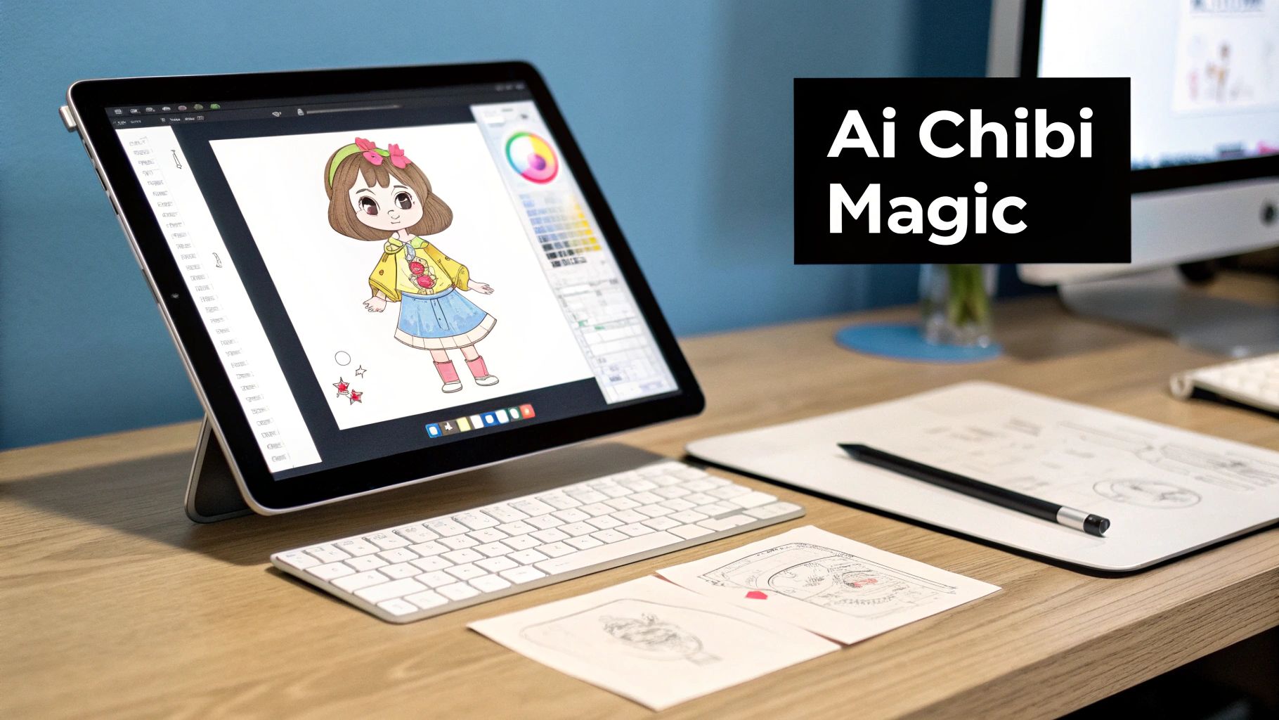 Digital artist workspace showing tablet with chibi character illustration in drawing software and sketches