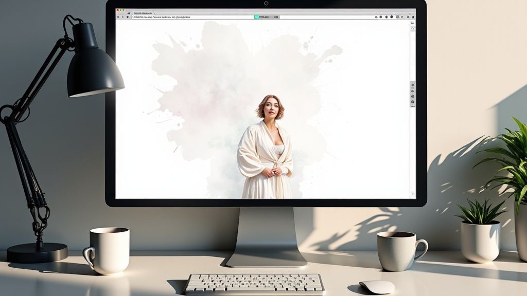 A modern desktop setup with a monitor displaying a woman, a black desk lamp, keyboard, mouse, mugs, and plants.