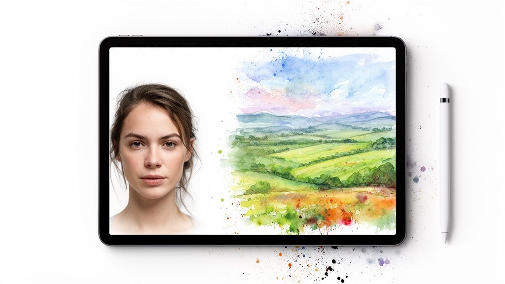A tablet displays a realistic woman's face and a watercolor landscape, with a stylus nearby.
