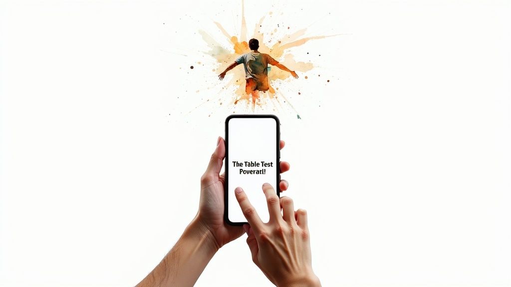 Hands hold a smartphone displaying 'The Table Test Poverat!' with a celebratory figure above.