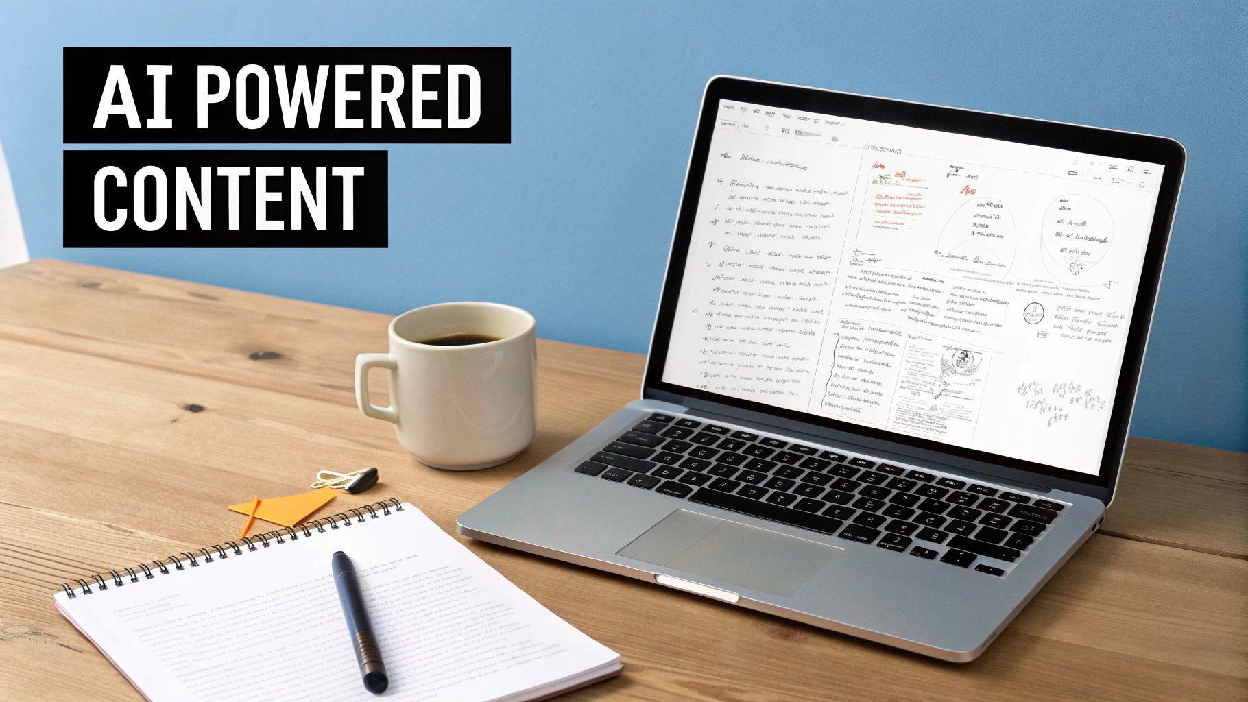 A laptop on a wooden desk displays AI-powered content, alongside a coffee mug, notebook, and pen.