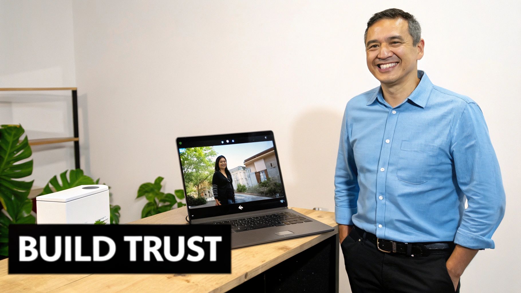 Ein lächelnder Mann in blauem Hemd steht neben einem Schreibtisch mit einem Laptop, auf dem eine Frau zu sehen ist.