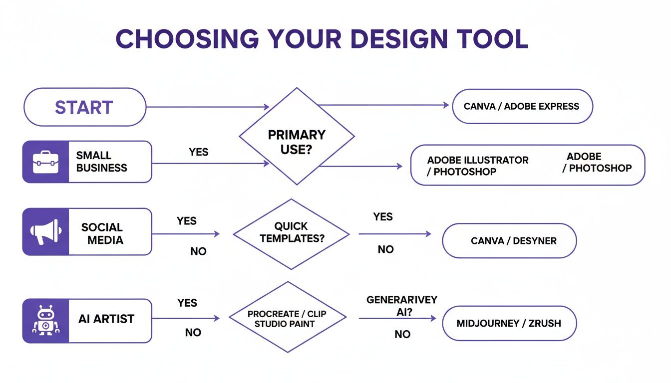 Flowchart guiding users to choose the best design tool based on their primary use, business type, or artistic needs.