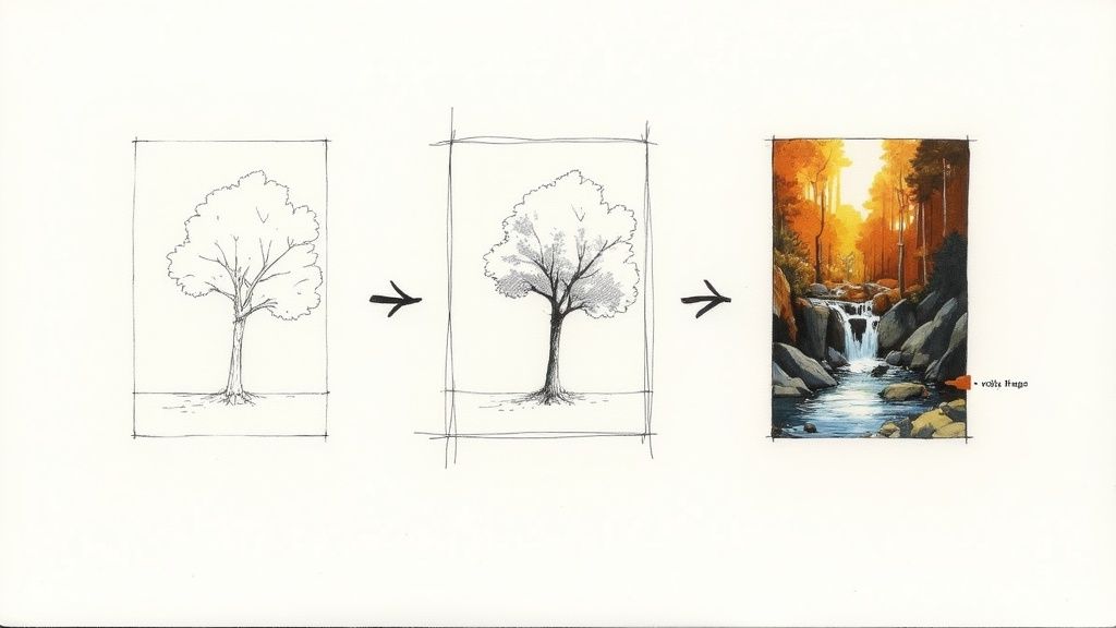 Three steps demonstrating artistic progression: from a simple tree sketch to a detailed forest waterfall painting.