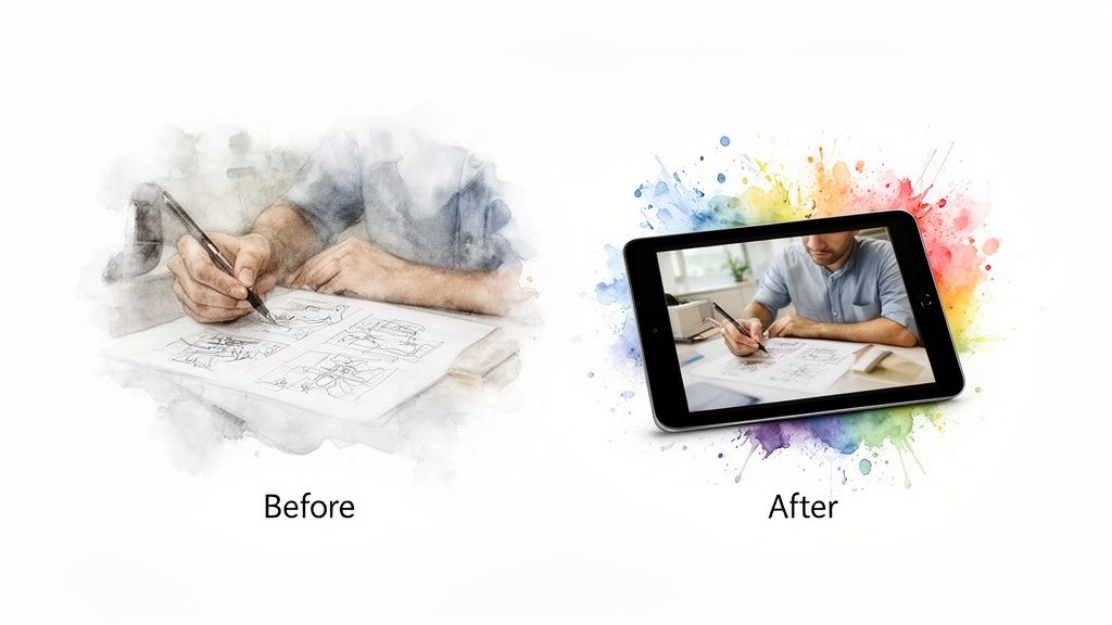 Before and after image showing a designer's hand sketching on paper and then on a digital tablet with colorful splatters.