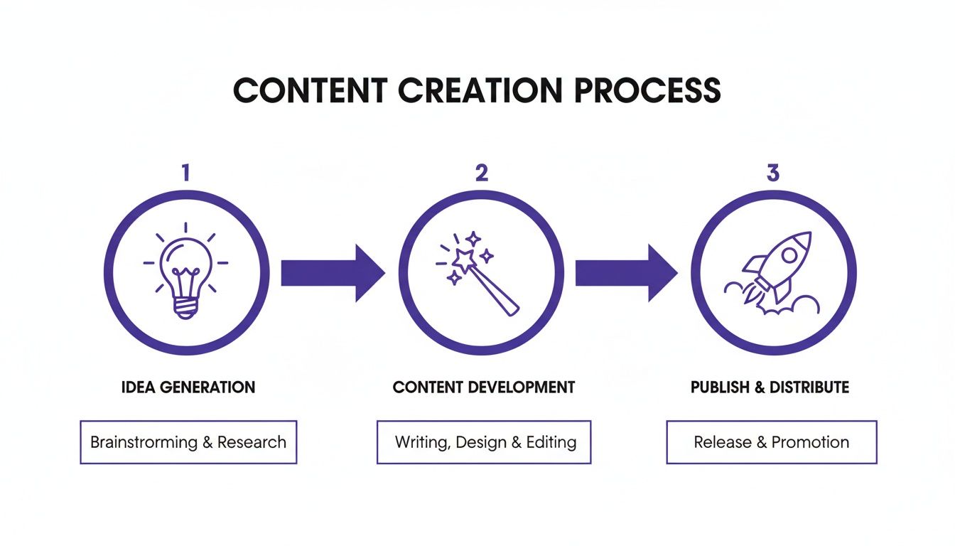 A three-step content creation process diagram: idea generation, content development, and publish/distribute.