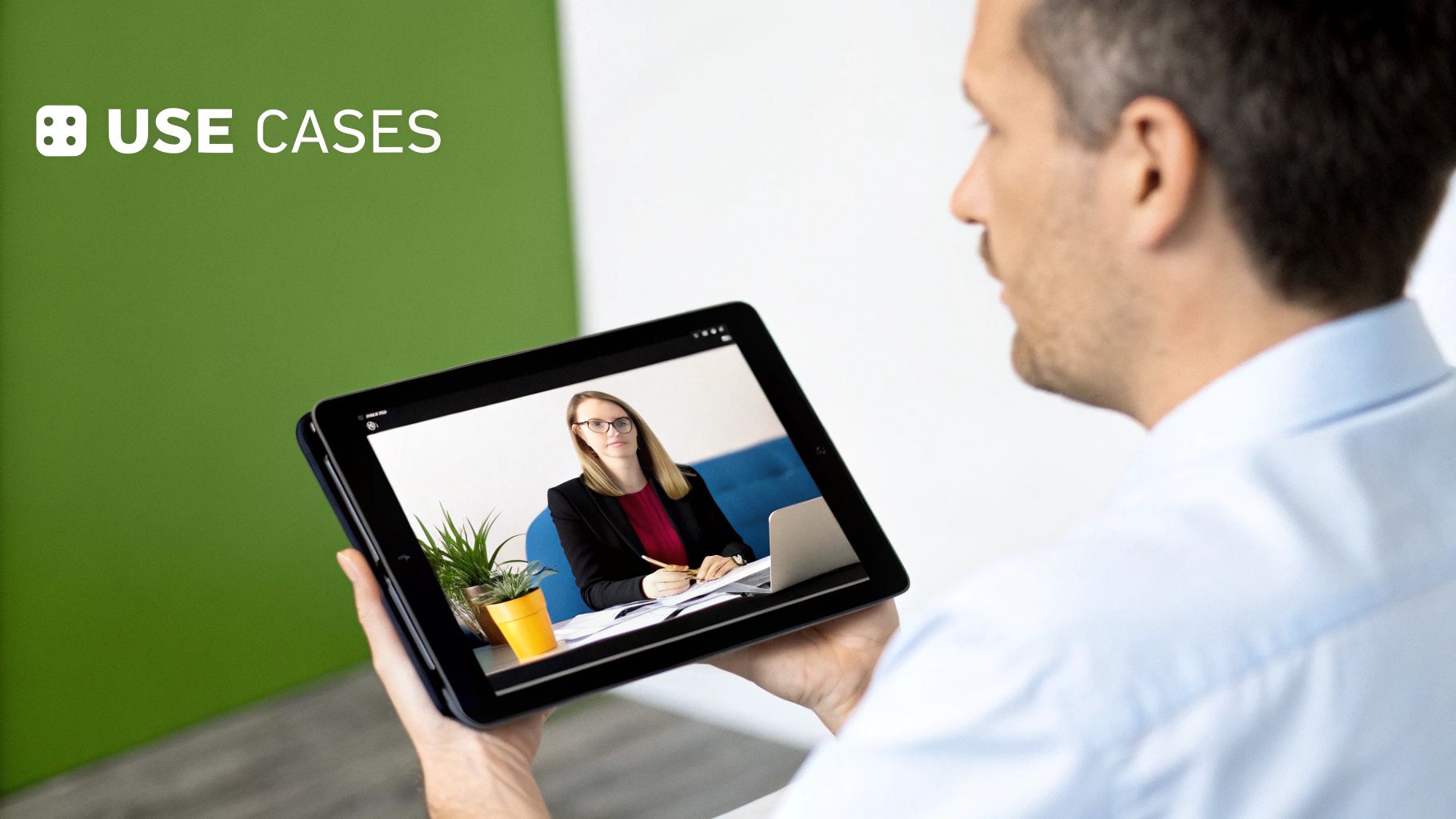A man holds a tablet displaying a video call with a woman, highlighting AI video use cases.