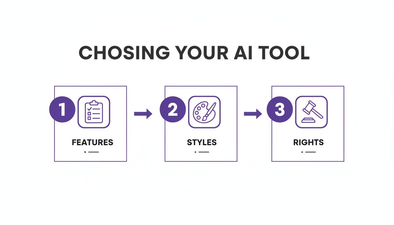 A three-step guide for choosing an AI tool, focusing on features, styles, and rights.