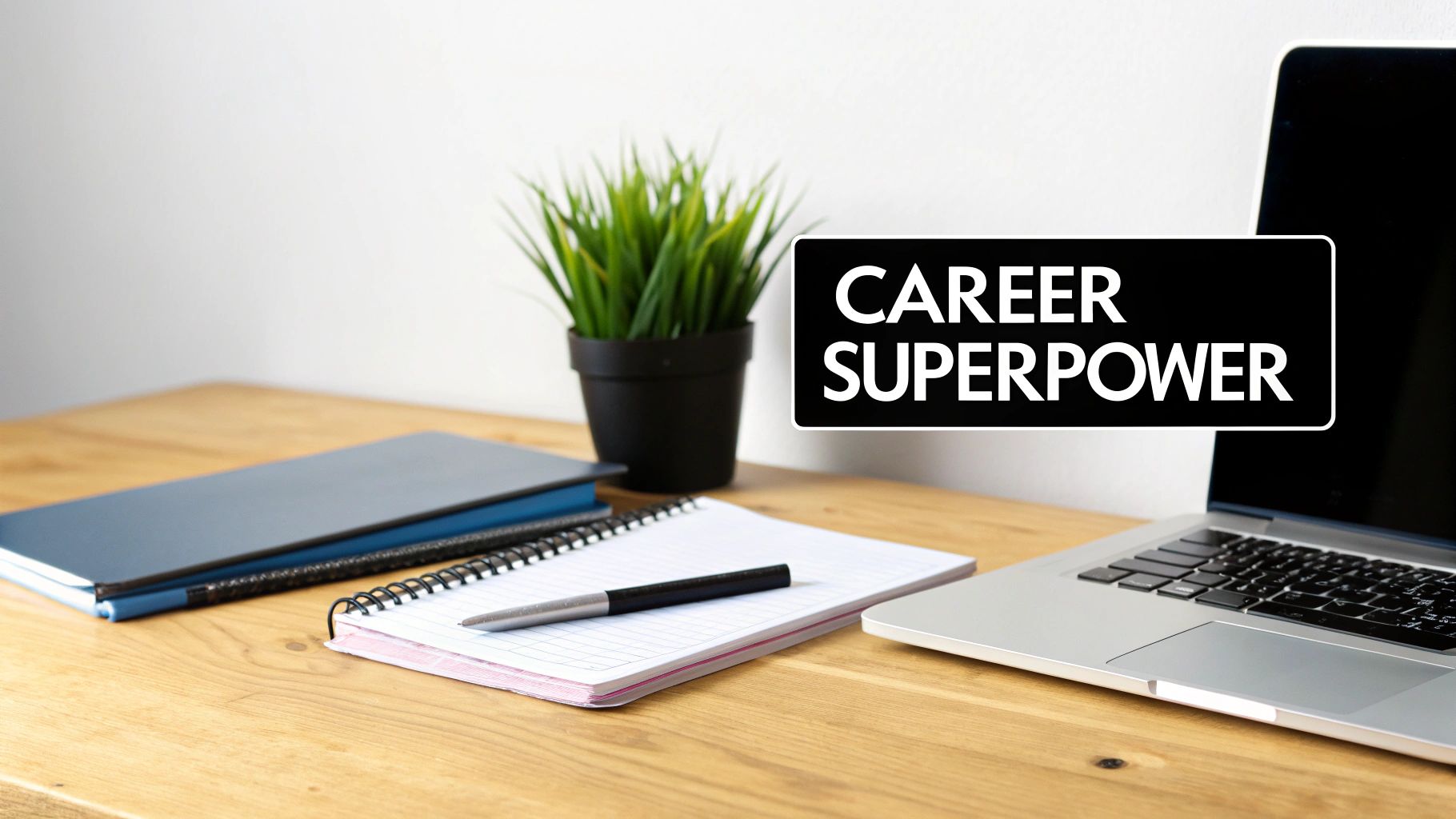 Una postazione professionale con laptop, quaderni, penna, pianta e una nuvoletta di testo con scritto 'CAREER SUPERPOWER'.