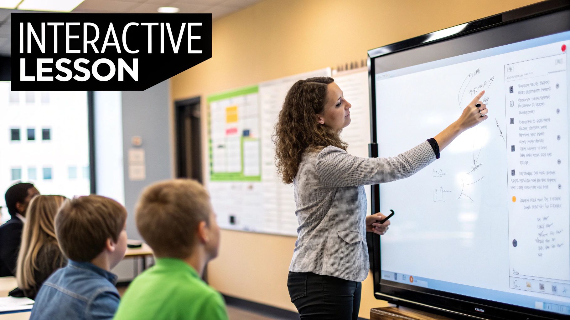 Una profesora interactúa con una pizarra interactiva, presentando una lección a estudiantes en un aula.