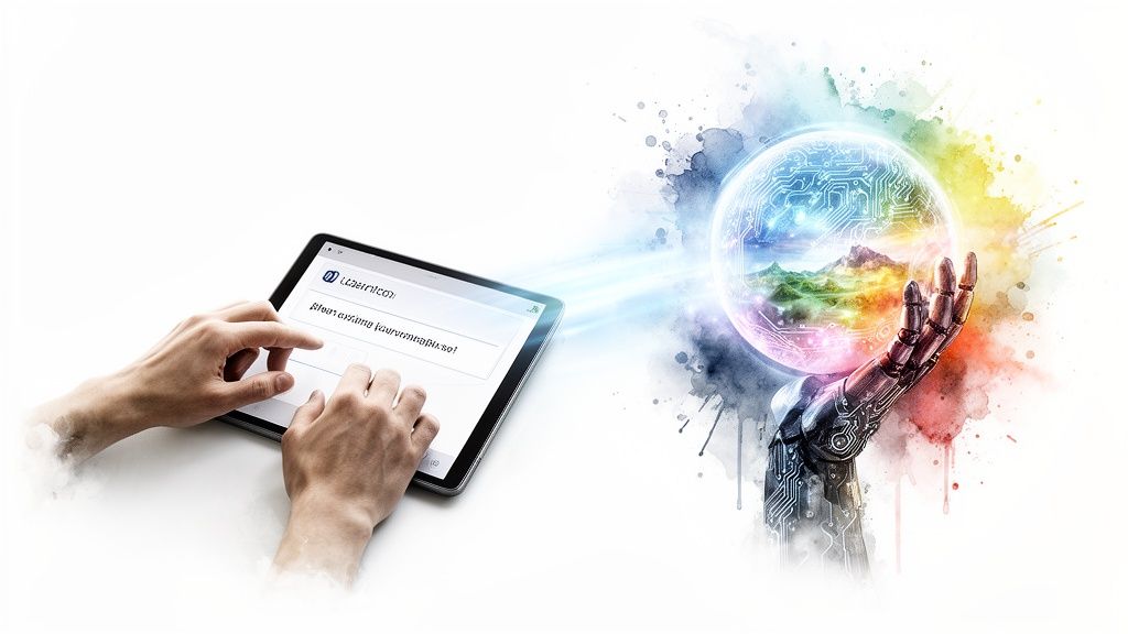 Human hands use a tablet to interact with a robotic arm holding a digital world sphere, symbolizing AI collaboration.