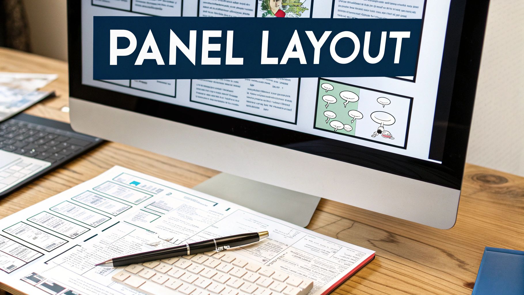 Computer monitor displaying panel layout design for comic book creation with sketches and pen on desk