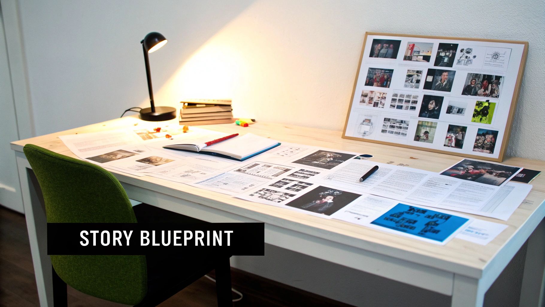 Creative workspace desk with storyboard photos, planning documents, and desk lamp for story development