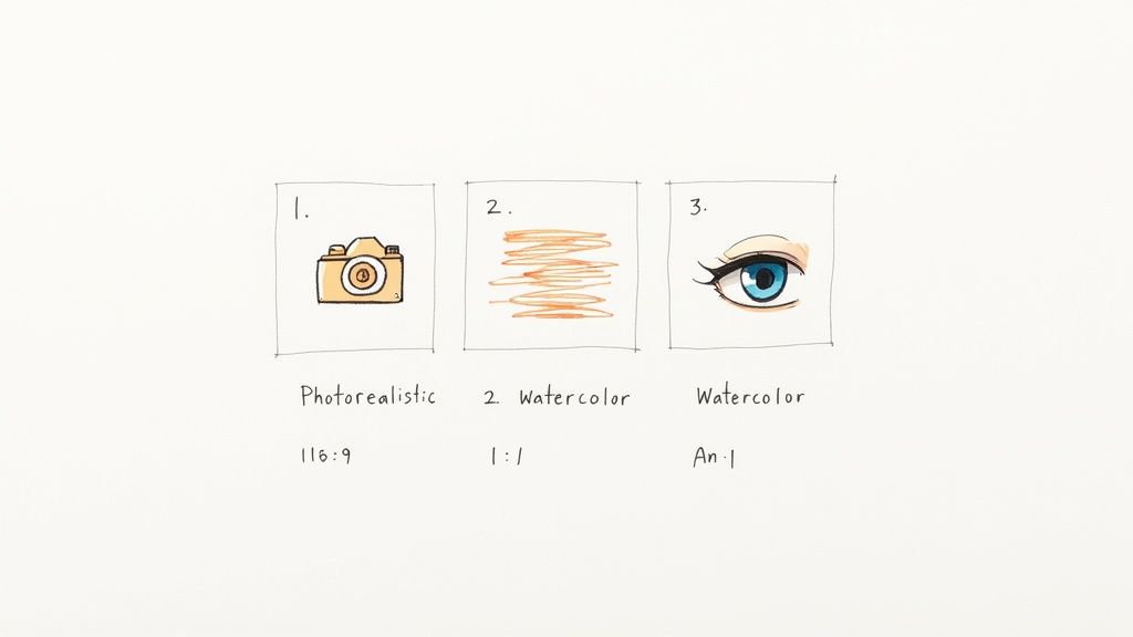 Three hand-drawn illustrations: a camera, orange scribbles, and an anime eye with labels.