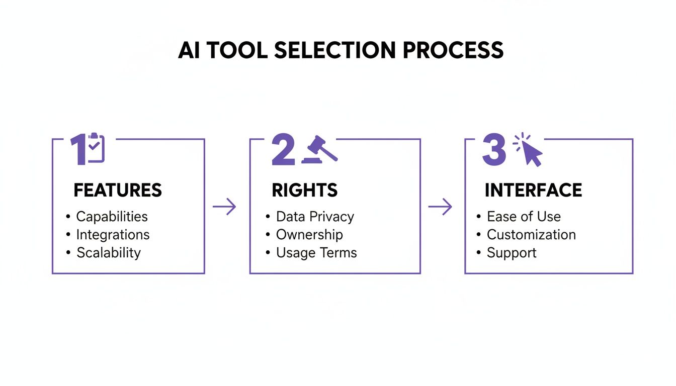 AI tool selection process steps outlining features, rights, and interface considerations.