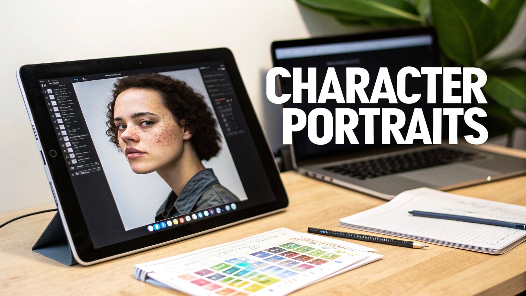 Digital artist creating character portrait on tablet with design software and color swatches on desk