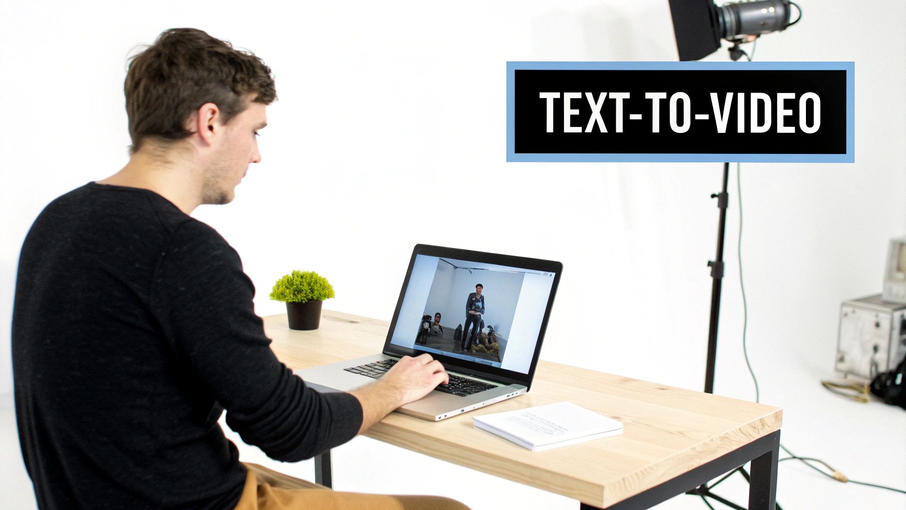 Man working on a laptop, showing a video and 'TEXT-TO-VIDEO' graphic, in a studio.