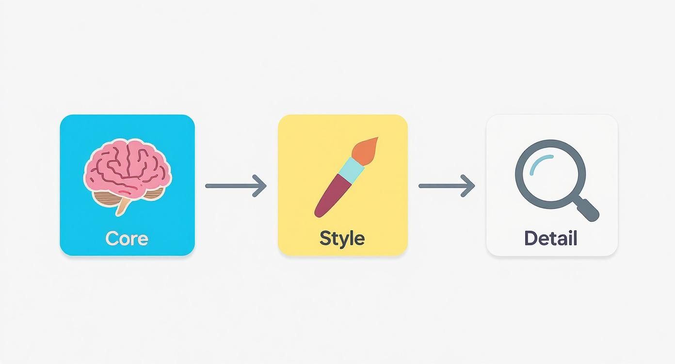 Three-step creative process diagram showing core concept, style application, and detail refinement with icons