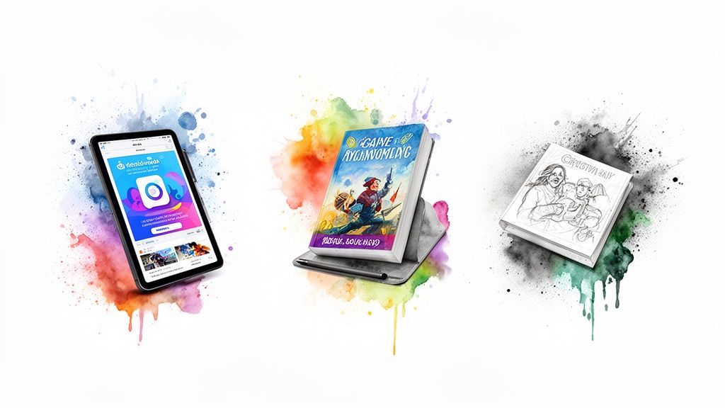 A tablet with a creative app, an illustrated book, and a sketch book, all surrounded by colorful splashes.