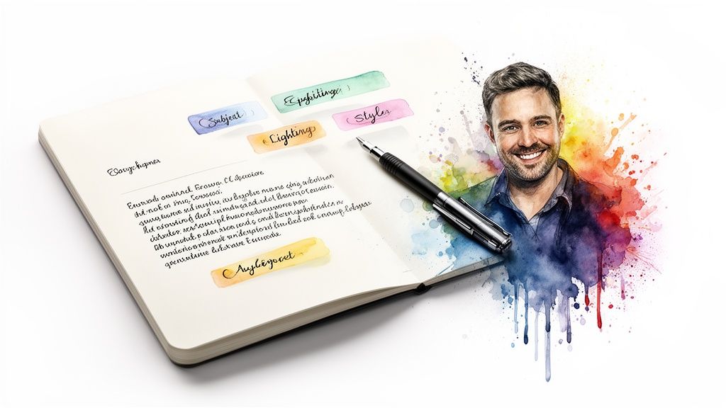 Smiling man in a vibrant watercolor portrait beside an open notebook with creative planning notes and a pen.