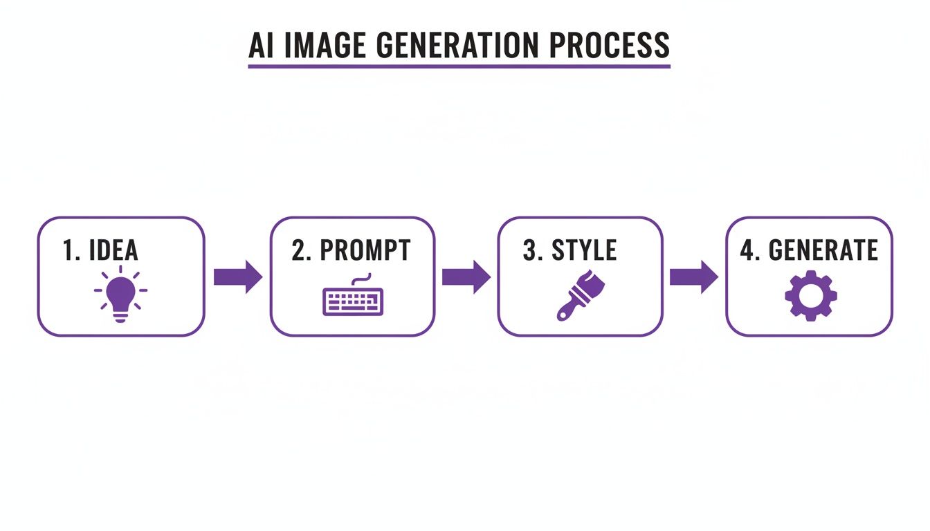 A four-step diagram illustrating the AI image generation process: Idea, Prompt, Style, and Generate.