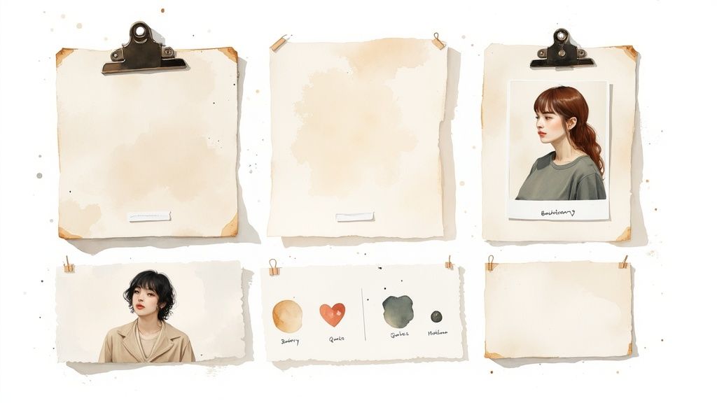 Artistic collage with watercolor paper textures, two female portraits, and abstract design elements.