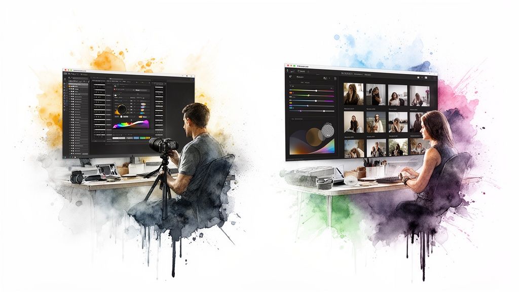 Two people, a man and a woman, editing photos on computers with creative watercolor effects.